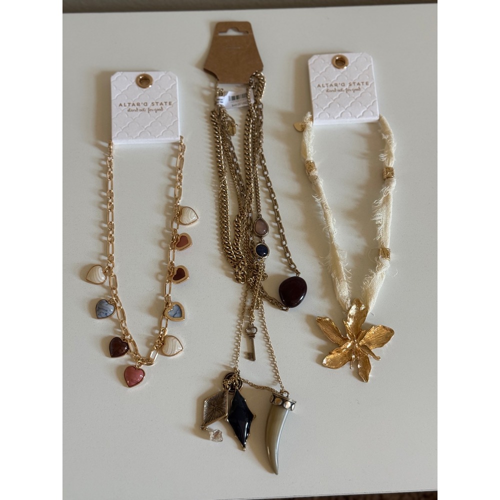 Altar'd State Necklace Bundle Heart Charms Layered Tusk Flower Pendant Gold Tone